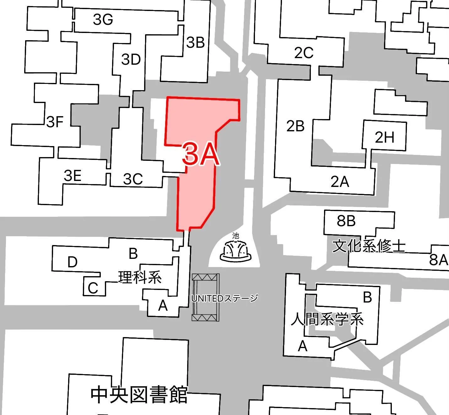 筑波大学3A棟402、403号室への案内図。第3エリア内の建物位置を示した地図